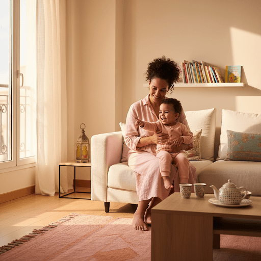 Nounou babysitter vérifiée jouant avec un enfant à domicile au Maroc